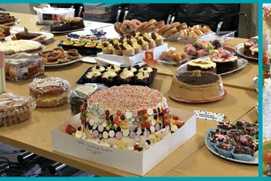 Cake display for MacMillan charity day hosted by Shire Leasing
